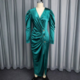 Fongt V-Neck Bubble Sleeve Dress Button Folds Waist Open Fork Party Dress Dress