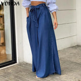 Loose High Waist Trousers VONDA Women 2022 Spring Solid Wide Leg Pants Casual Female Denim Pants Vintage Pockets Pantalon