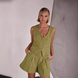 Fongt Spring / Summer 2024 Casual Fashion Single Breasted Vest V-Neck Shorts Suit Women 88221-Outfit