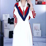 Contrasting Colors Spliced Long Dress Spring Autumn Turn-down Collar Female Clothing Stylish Zipper A-Line Waist Dresses-Outfit