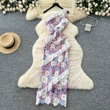 Fongt Light Luxury Name Heavy Industry Hollow Hook Lace Dress Female Senior Wood Ear Splicing Oblique Shoulder Skirt