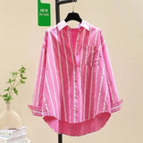 Fongt 2025 Spring And Autumn New Korean Version Of Small Fresh Cardigan Striped Single Pocket Loose Lanky Long Sleeve Shirt Woman