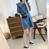 Style Summer Doll Collar Denim Dress Short Sleeves Loose Cute Midi