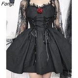 Black Gothic Grunge Party A-Line Women Dresses See Through Bodycon Dark Sexy Jacquard Lace Lolita Dress Vintage