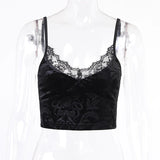 Dark Vintage Gothic Velvet Black Women Camis Grunge Punk Sexy Lace Trim Bodycon Crop Tops Elegant Backless Emo