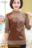 Autumn Winter Middle-aged Women Knit Sweater Print Pullover Turtlenecks Fleece Liner Warm Tops Mother Sweaters Base