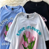 Blue Tulip Flock 3D Embroidery Flower T Shirts Cute Streetwear Casual Tops Short Sleeve Summer Cotton Tee Men Women