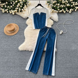 Fongt Hong Kong-Flavored Suit Female Design Sense Short-Sleeved T-Shirt Spliced Denim Jacket + High-Waisted Casual Straight Pants Two-Sleeve