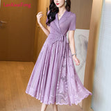 Elegant Commuter Mosaic Midi Pleated Dress Short Sleeve Lapel Elegant Dress Embroidered Mesh Splice Beaded Premium Dress-Outfit