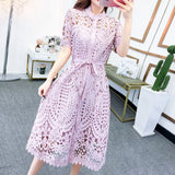 New Spring / Summer Runway Women's Clothings Pleated Stand Collar Short Sleeve Single Breasted Polka Dot Lace