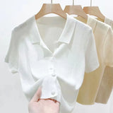 Fongt Beauty Solid Color Thin Polo Lapel Sweater Female Summer New Small Short-Sleeved T-Shirt Cardigan-Outfit
