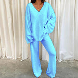 Autumn Winter Women 2PCS V Neck Long Sleeve Blouse Suits Matching Sets Casual Wide Leg Trousers Sets Solid Homewear