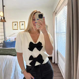 Fongt And Sweet Niche Wind 2025 Spring New V-Necked Short-Sleeved Personality Double Bow Solid Color Sweater Woman