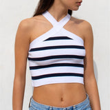 Fongt Summer New Striped Cross Hanging Neck Sexy Knitting Bottom Bra Wear Vest Women's Clothing