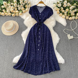 Fongt Red Dot V-Neck Women's Short-Sleeved Dress Summer Single Buckle Tie With Thin A-Word Mid-Long Dress