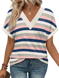 Fongt New Women's Dress Casual Round Neck Striped Multi-Color Short-Sleeved Overseas Hot T-Singing T-Shirt