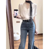 Fongt Summer French White Lace Stitching Design Shirt Women Commuting Micro-Rave Jeans Two-Piece Set