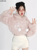 Kawaii Hoodies Womencute Pink Cat Embroideery Plush Cropped Ears Hoodie Korean Style Sweatshirt Y2k Short Pullover Tops-Outfit