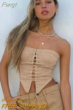 Lace Up Women Patchwork Tube Tanks Bodycon Skinny Sexy Streetwear Party Club 2023 Autumn Winter Festival Crop