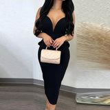 Fongt Temperament Elegant Solid Color Wrap Hip Dew Back Deep V High Waist Bow Stretch Slit