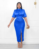 High Neck Tight Skirt Elegant Elegant High Split Pleated Dress Women's Casual Solid Color Evening Dress-Outfit