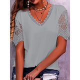 Fongt Women's T-Shirt Burst Lace Splicing Loose V-Neck Short-Sleeved T-Shirt