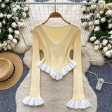 Fongt Striped Knitted Shirt Autumn Lotus Side Hem Horn Sleeves Slimmed Out Of The Bottom Coat
