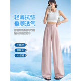 Fongt Anti-Frinkle Silk Linen Pants Women Summer Thin Ice Silk Cotton High Waist Hanging Mountain Suit Wide Leg Pants