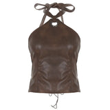 Fongt Culture Leather Splicing Vest Ancient Early Do Old Sexy Bare Back Belt Belt Short Hanging Neck Sling Woman