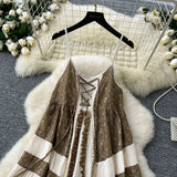 Fongt National Style Wearing Holiday Dress Retro Strap Design Spliced Flowers Hanging Loose Dress Skirt Skirt