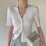 Design Temperament V-Neck Short-Sleeved Knitted Top Woman 2025 Summer Repair Body Slim Short Open