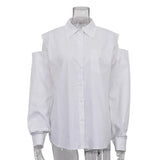Fongt Women's Fashion Long Sleeve Lapel White Shirt 2023 Summer New Off-Shoulder Loose Shirt Top-Outfit