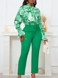 Fongt New Fashion Print Strap Long-Sleeved Top High-Waisted Trousers Set