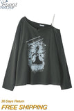 Women 2023 Autumn New Long Sleeve T-shirt O-neck Graffiti Printing American Style Vintage Fashion Casual Korean Pullover Tee