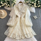 Fongt Spring And Summer Sweet Court Style V Collar Lantern Sleeve Fashion Embroidery Spoon Thin A Word Elegant Dress Woman Trend