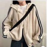 Fongt Version Of Chic Autumn And Winter New Simple Temperament Drawstring Hood Design Niche Striped Loose Long-Sleeved Sweater Jacket