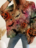 Fongt Summer And Autumn Four-Four Words Collared Linguum Bat Pumpkin Bat Halloween Print Long-Sleeved Lady Leisure