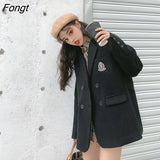 New Women Jacket Loose Black Preppy Style Woolen Coat Notched Collar Fashion Baggy Suit Coat Female