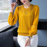 Chiffon Lace Patchwork Knitted Pullovers Women Spring Casual Loose Lantern Sleeve Knitwear Fashion Hollow Out Korean