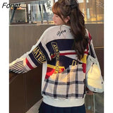 Plaid Hoodie Sweatshirt Spring Women Loose Funny Tops Hip Hop O-Neck Oversize Korean High Street Winter Hoodies
