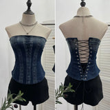 Fongt Denim Print Strap-On Corset Tsets Tsets Tsets Tsets Sleeveless Short Tops