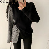 New 2021 Women Autumn Winter Sweaters Checkered Patchwork Elegant Lace Up Turtleneck Fashionable Retro Tops