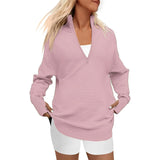 Fongt Hot Style Women's Long Sleeve Half Zipper V-Neck Casual Rib Knit Sweater Women's