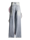 Fongt Small Style 2024 Autumn New Heavy Industry Design Sense High Waist Straight Tube Three-Dimensional Flower Splicing Jeans-Outfit