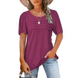 Fongt Women's Summer Round-Neck Short-Sleeved Chest Tuck Line Folded Blouse T-Shirt