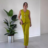 Fongt Women's Temperament Elegant Solid Color V-Neck Sleeveless Vest High-Rise Broad Leg Trousers Set