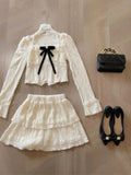 Fashion Square Collar Bow Long Sleeve Tops Women+ Y2k E-Girl High Waist Lace Ruched Skirts Spring New Two Piece Sets-Outfit