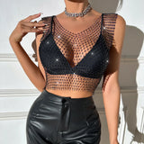 Fongt Nightclub Dresses Fishnet Hollow Out Rhinestone Vest Mesh Flash Diamond Sling Top