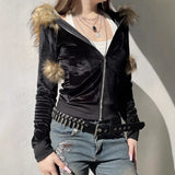 Fongt Cloth Forget Retro Hair Splicing Velvet Zipper Casual Coat BM Style Hooded Solid Color Sweater