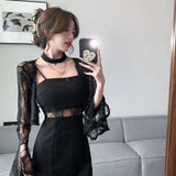 Fongt Autumn Temperament New Lace Open-Shirt Jacket Top + Sling Bottom Dress Two-Piece